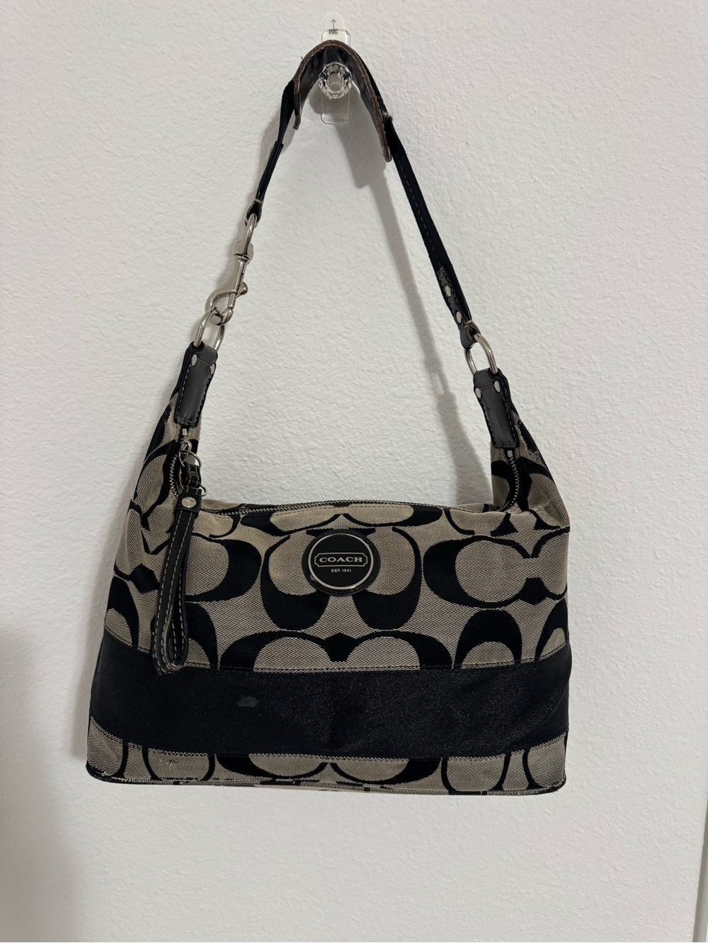 Coach Black and Tan Signature Canvas Shoulder Bag